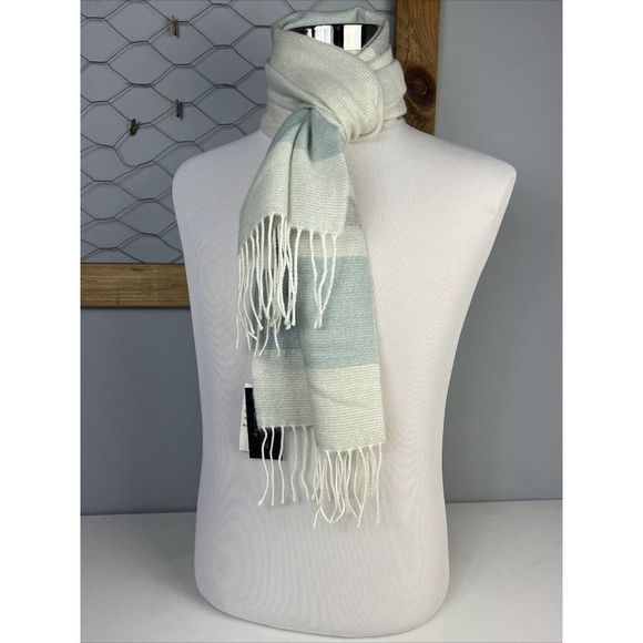 Steve Madden Muffler Scarf Lurex Striped Blue Grey Shimmer‎ Fringe Italy NWT - Picture 1 of 4